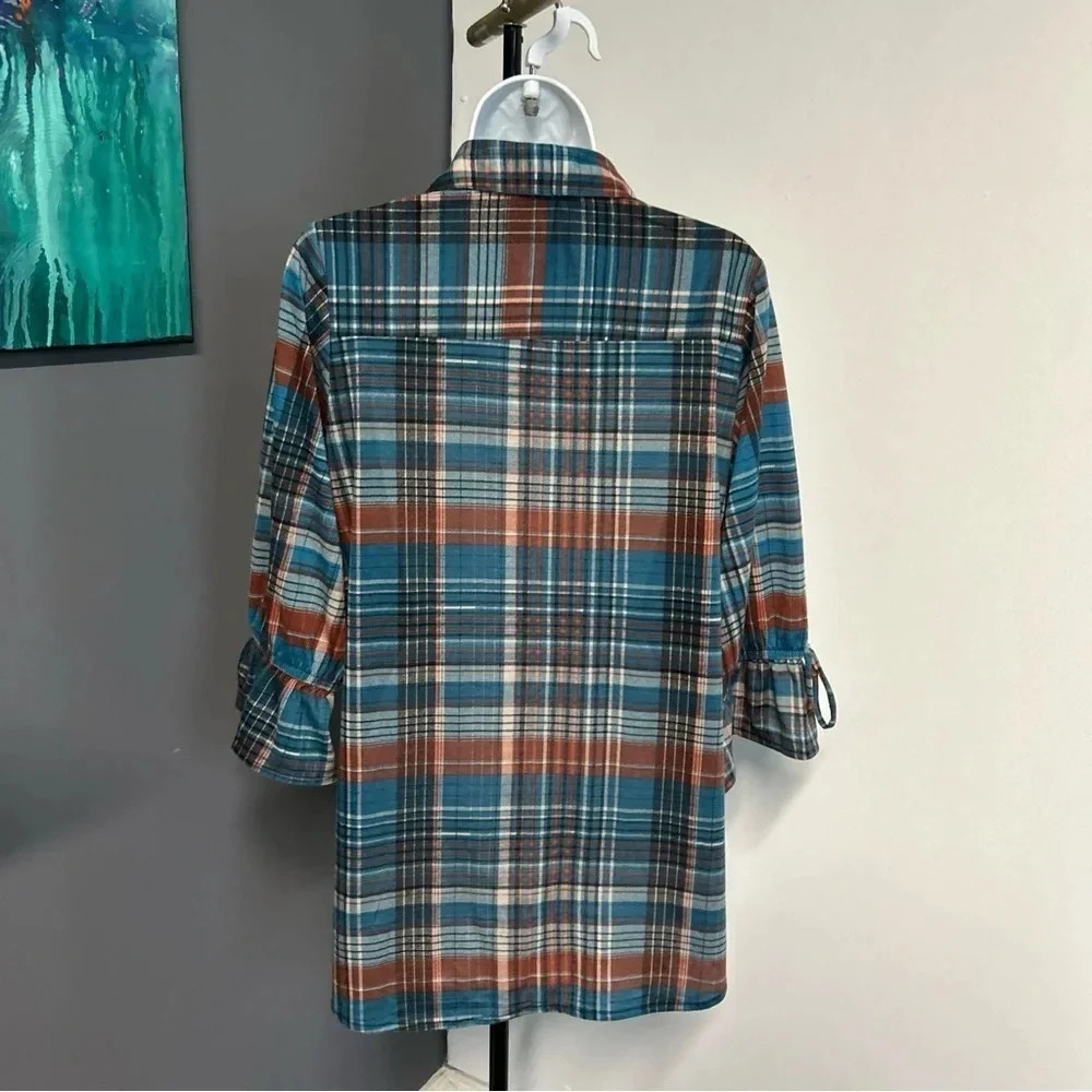 Women's Small Plaid V Neck Popover Flannel Shirt Bow‎ Colorful Cowgirl Autumn - Picture 5 of 14